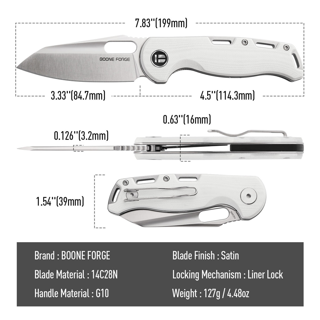BOONEFORGE Warmark Premium EDC Manual thumb knife ( 3.33'' Satin 14C28N Blade & White G10 Handle) - BF009