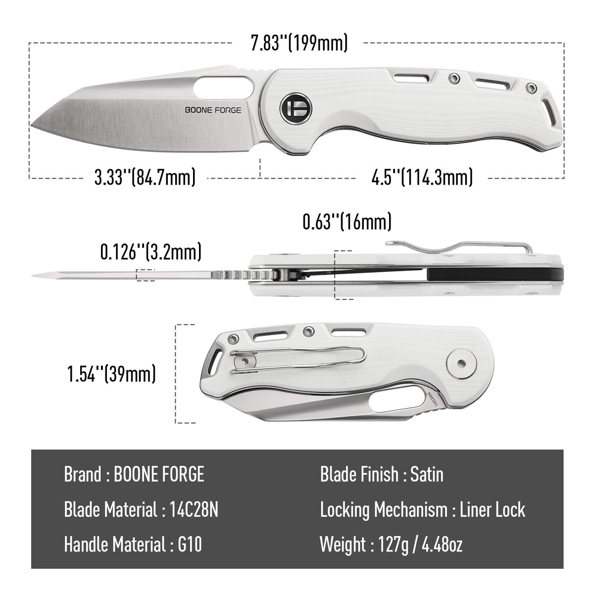 BOONEFORGE Warmark Premium EDC Manual thumb knife ( 3.33'' Satin 14C28N Blade & White G10 Handle) - BF009