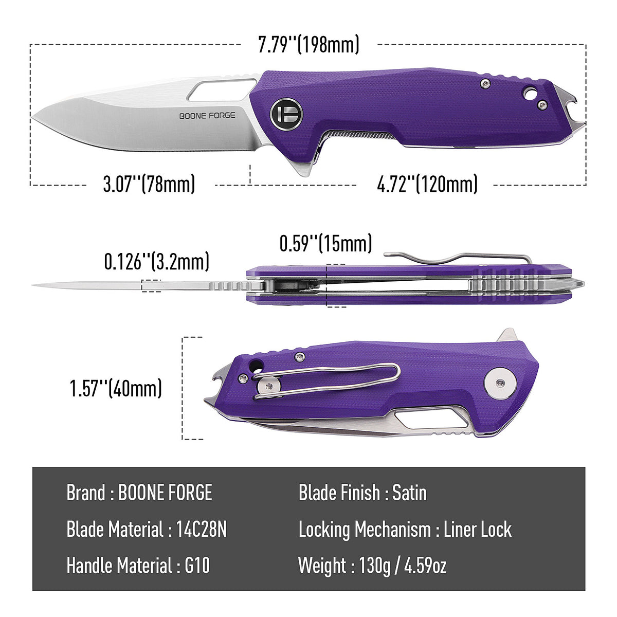 BOONEFORGE Berserker Premium EDC Flipper & Thumb hole knife( 3.07'' Satin 14C28N Blade & Purple G10 Handle ) - BF072