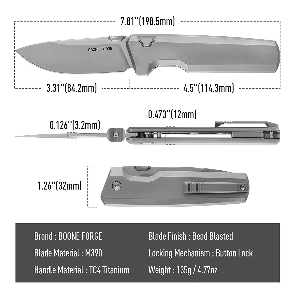 [PRE‑ORDER]BOONEFORGE Forestwrath Premium EDC Button lock & Thumb stud knife ( 3.31" Bead Blasted M390 Blade & Grey TC4 Titanium Handle) - BF006