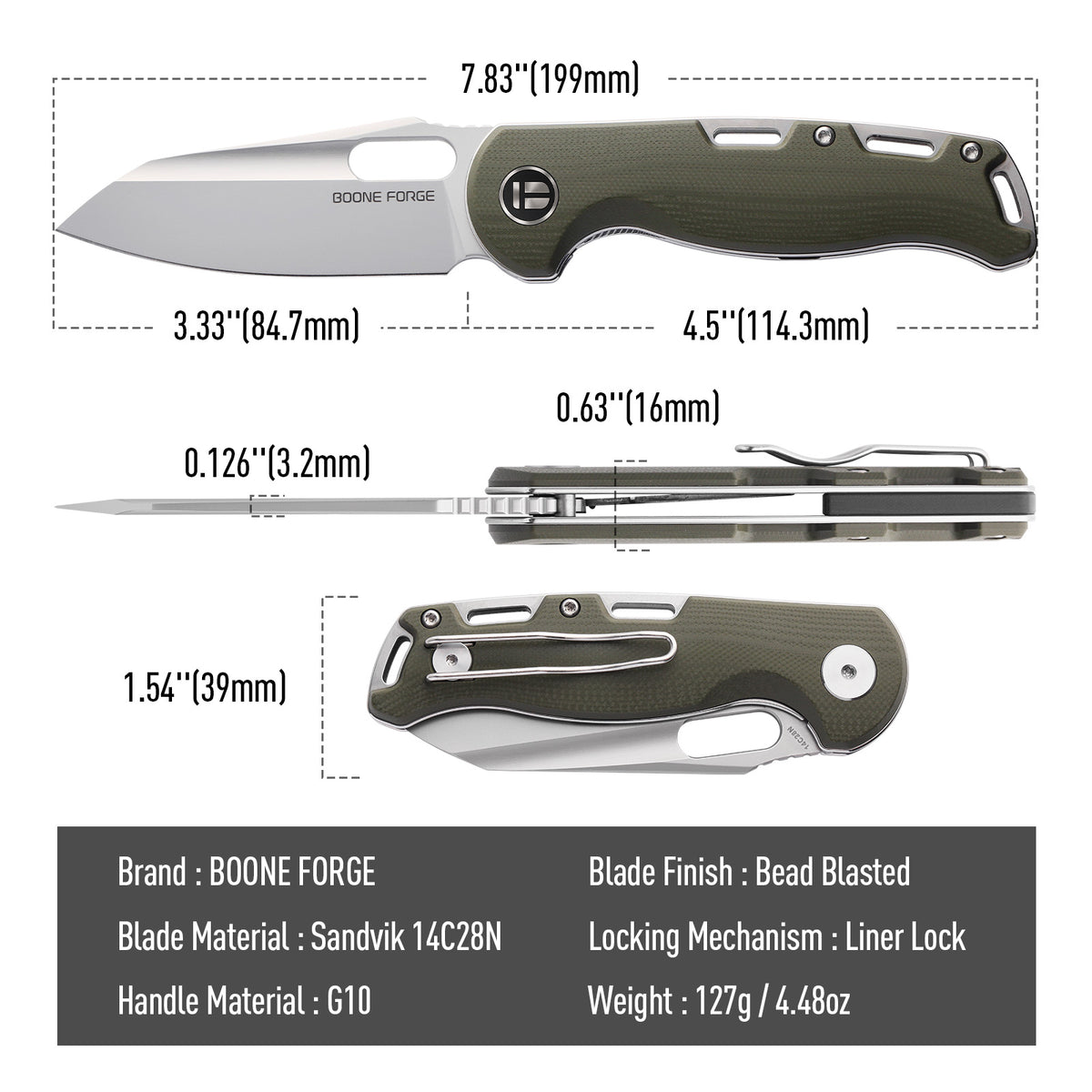 BOONEFORGE Warmark Premium EDC Manual thumb knife ( 3.33'' Bead Blasted Sandvik 14C28N Blade & Army green G10 Handle) - BF009