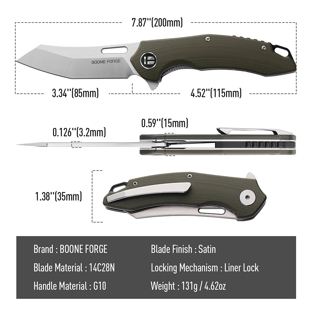 BOONEFORGE Sentinel Premium EDC Flipper & Thumb hole knife ( 3.34'' Satin 14C28N Blade & Army green G10 Handle ) - BF904