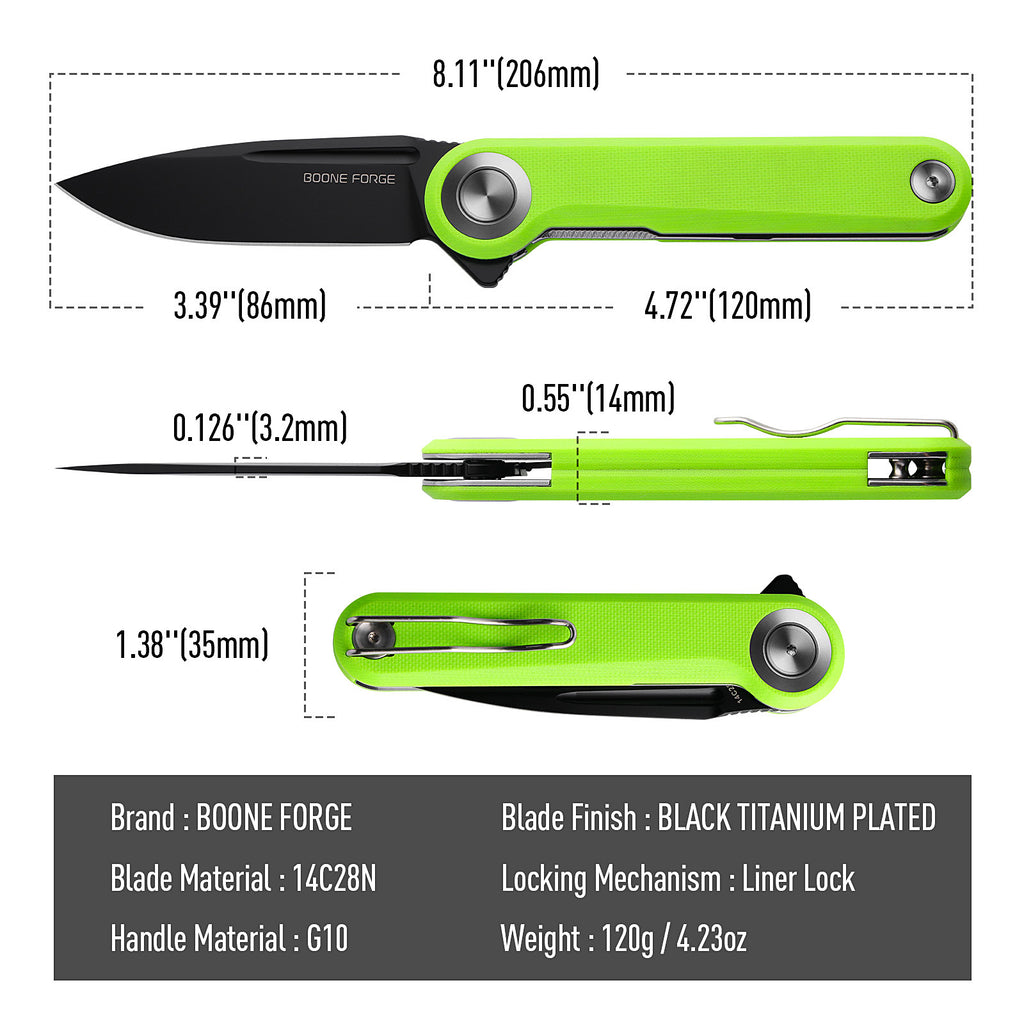 BOONEFORGE Ironjudge Premium EDC Flipper knife ( 3.39'' Black Titanium Plated 14C28N Blade & Fluorescent green G10 Handle ) - BF905