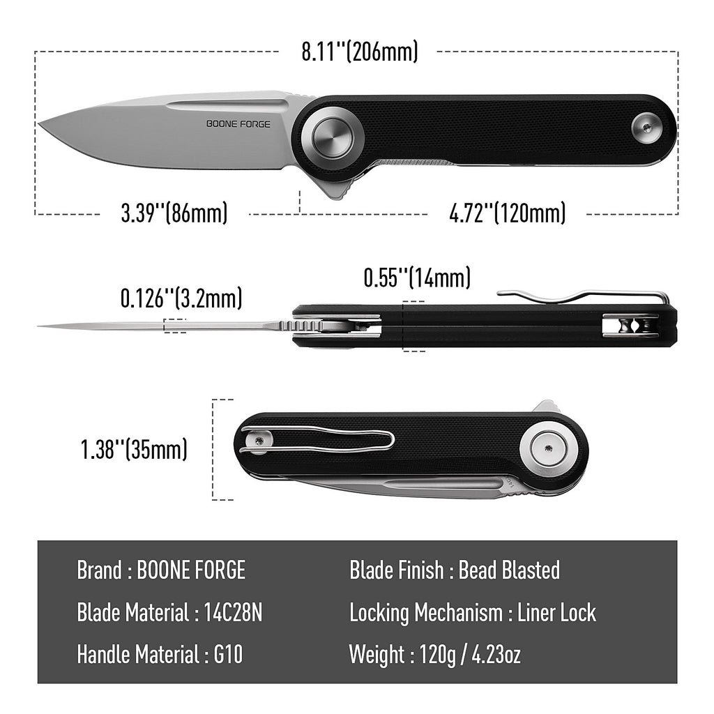 BOONEFORGE Ironjudge Premium EDC Flipper knife ( 3.39'' Bead Blasted 14C28N Blade & Black G10 Handle ) - BF905