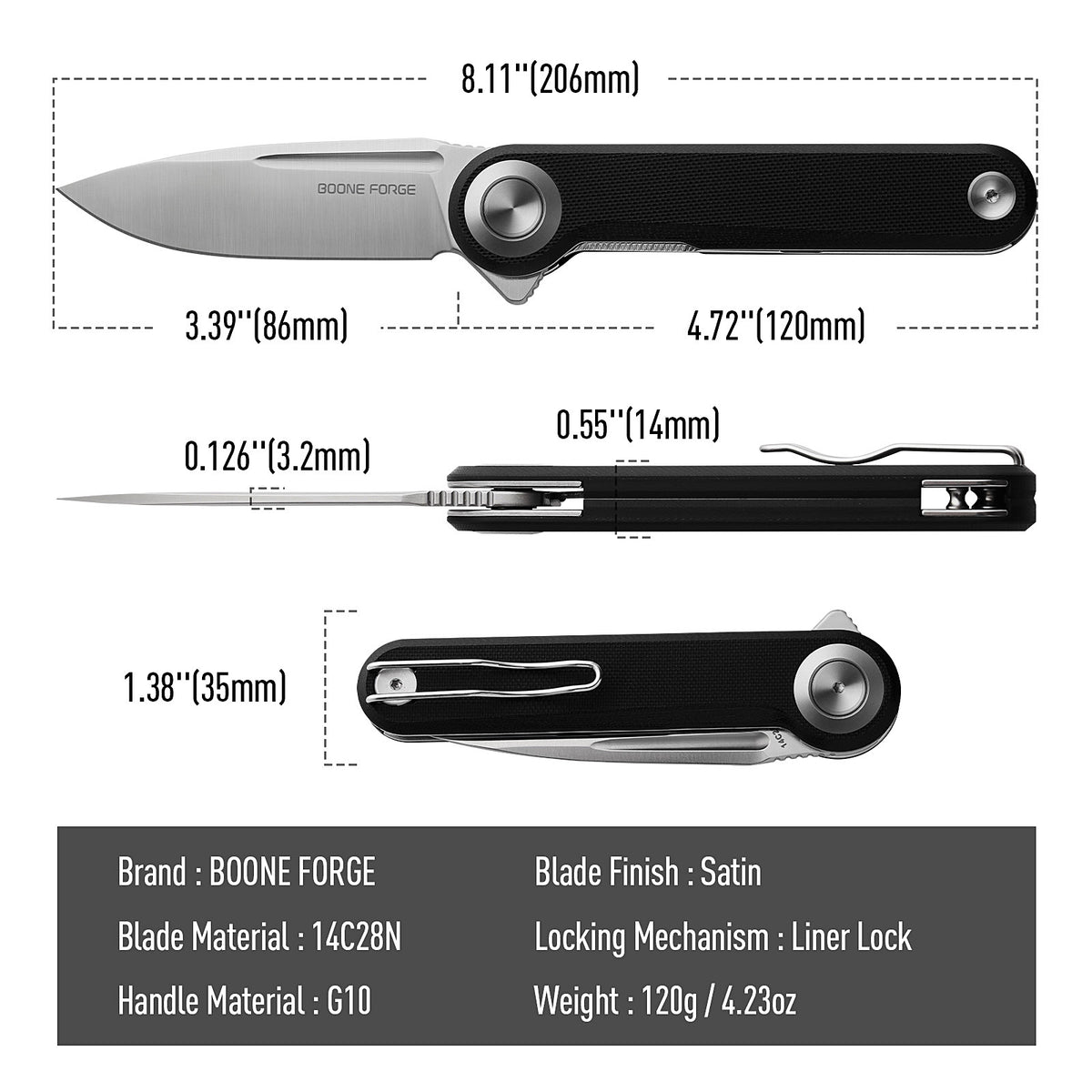 BOONEFORGE Ironjudge Premium EDC Flipper knife ( 3.39'' Satin 14C28N Blade & Black G10 Handle ) - BF905