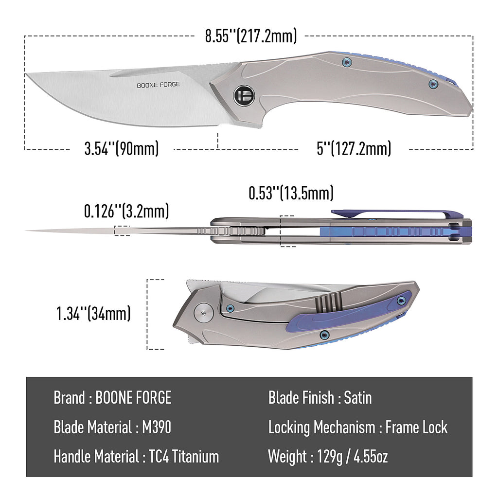 [PRE‑ORDER]BOONEFORGE Titan Premium EDC Fliper & Thumb Stud knife ( 3.54'' Satin M390 Blade & Grey TC4 Titanium Handle ) - BF056