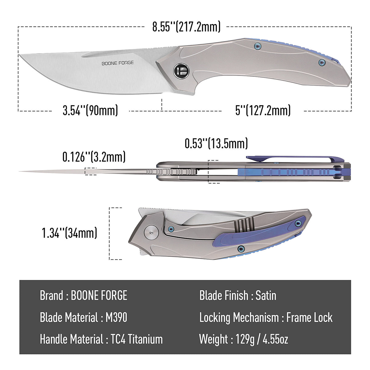 [PRE‑ORDER]BOONEFORGE Titan Premium EDC Fliper & Thumb Stud knife ( 3.54'' Satin M390 Blade & Grey TC4 Titanium Handle ) - BF056