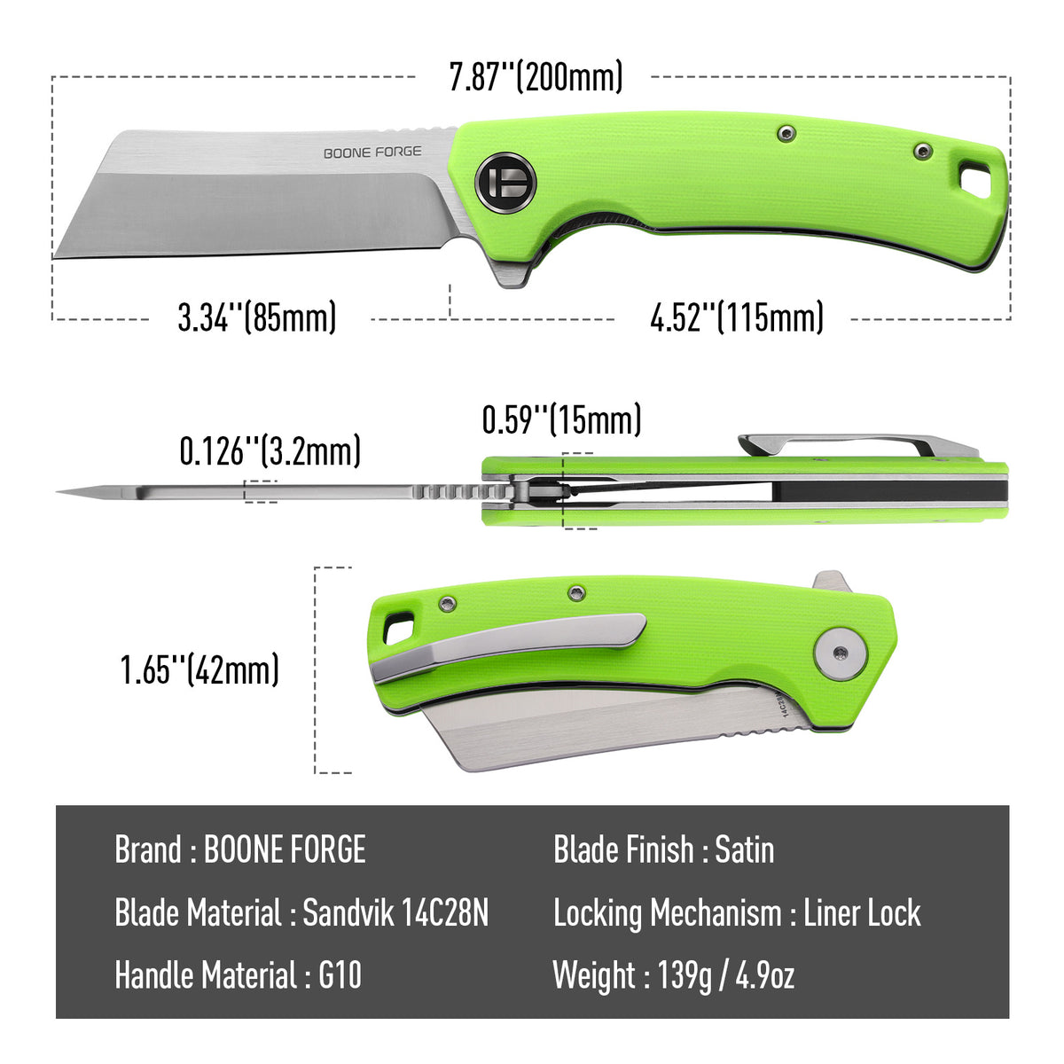 BOONEFORGE Breaker Premium EDC Flipper knife ( 3.34'' Satin Sandvik 14C28N Blade & Neon Green G10 Handle ) - BF903