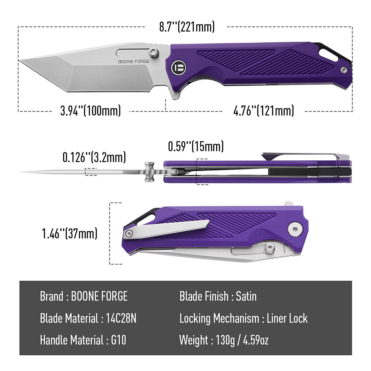 BOONEFORGE Blackshield Premium EDC Fliper & Thumb Stud knife ( 3.94'' Satin 14C28N Blade & Purple G10 Handle ) - BF014A