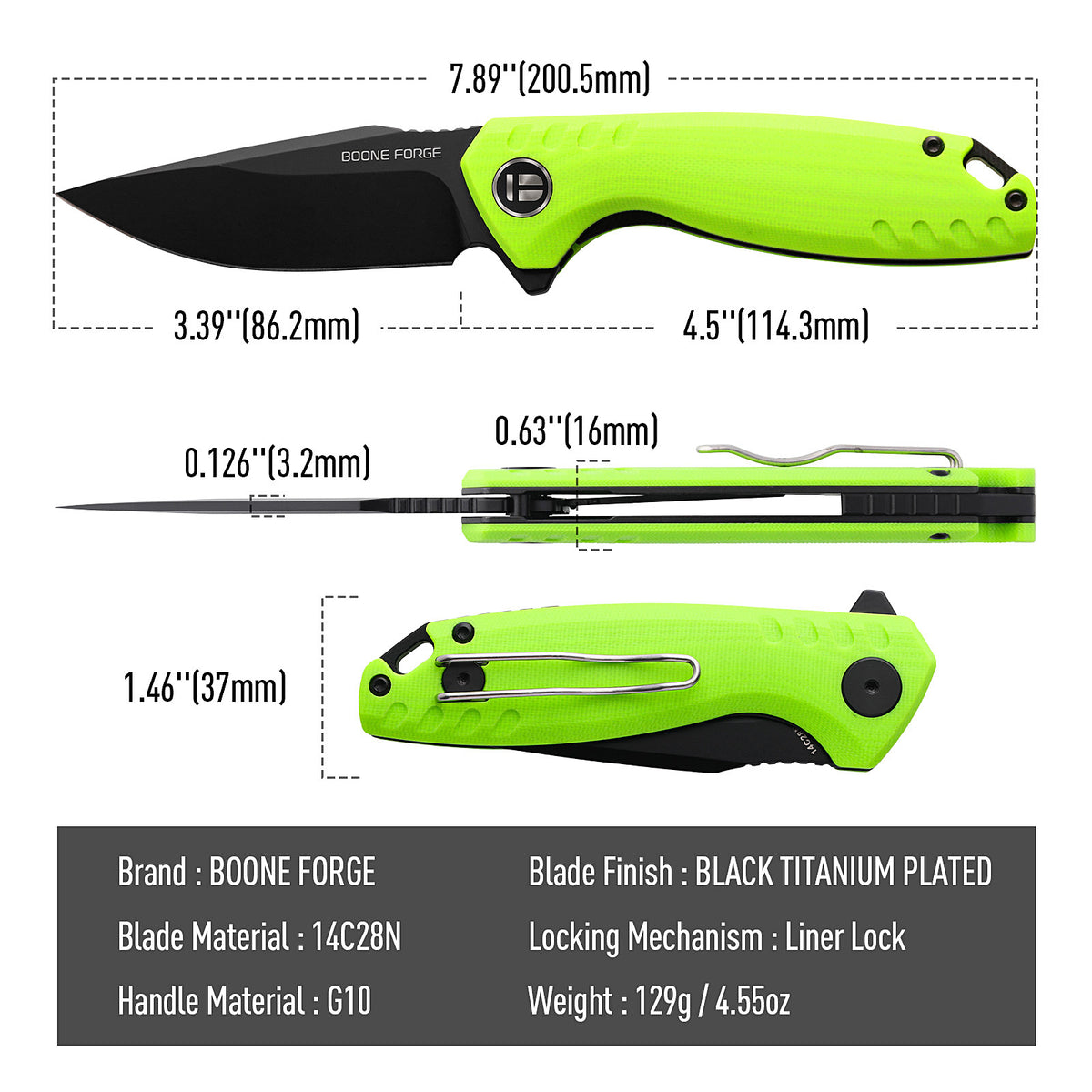 BOONEFORGE Nightvein Premium EDC Flipper knife (3.39'' Black Titanium Plated 14C28N Blade & Fluorescent green G10 Handle) - BF011
