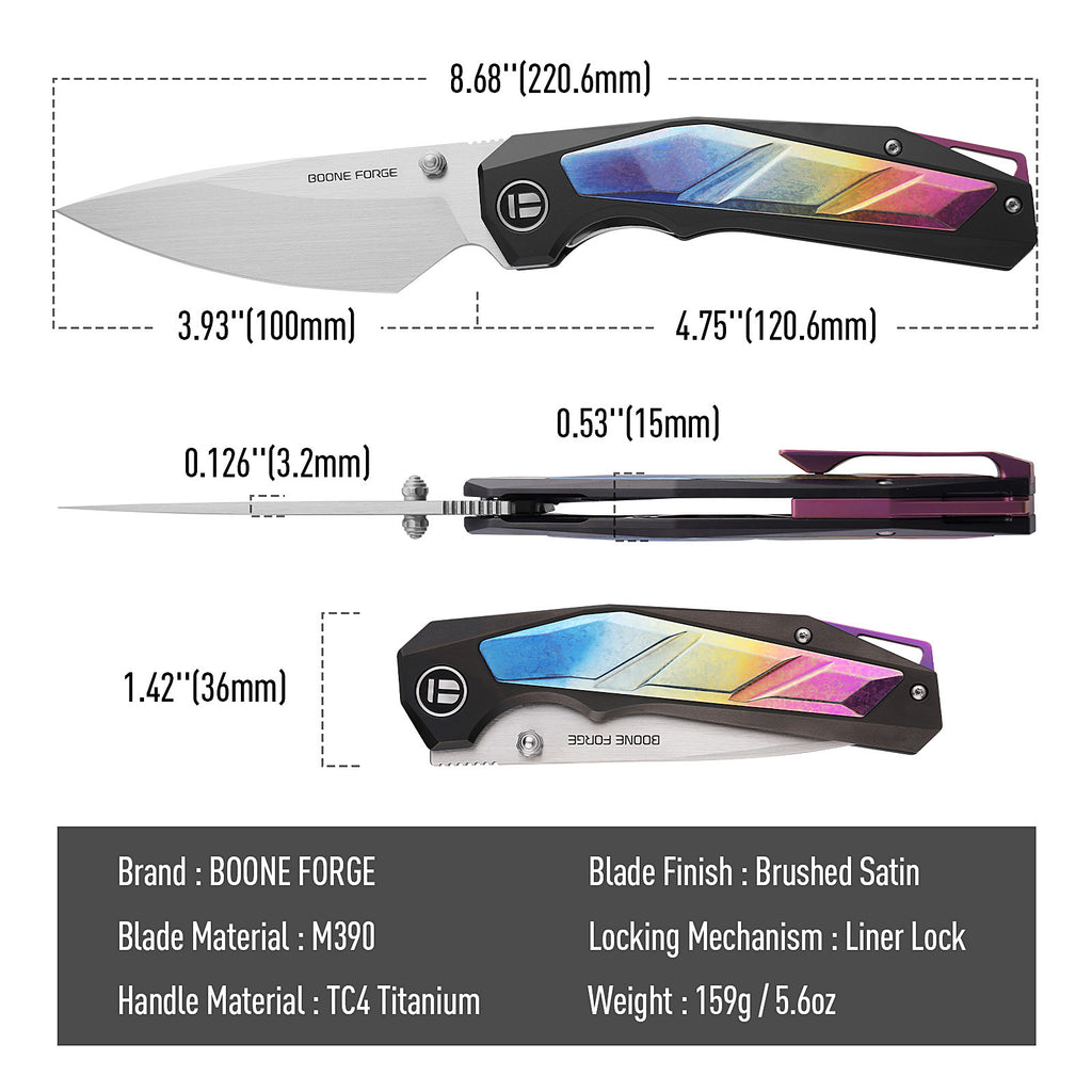 [PRE‑ORDER]BOONEFORGE Wraith Premium EDC Thumb stud knife( 3.93'' Brushed Satin M390 Blade & Black TC4 Titanium Handle ) - BF062