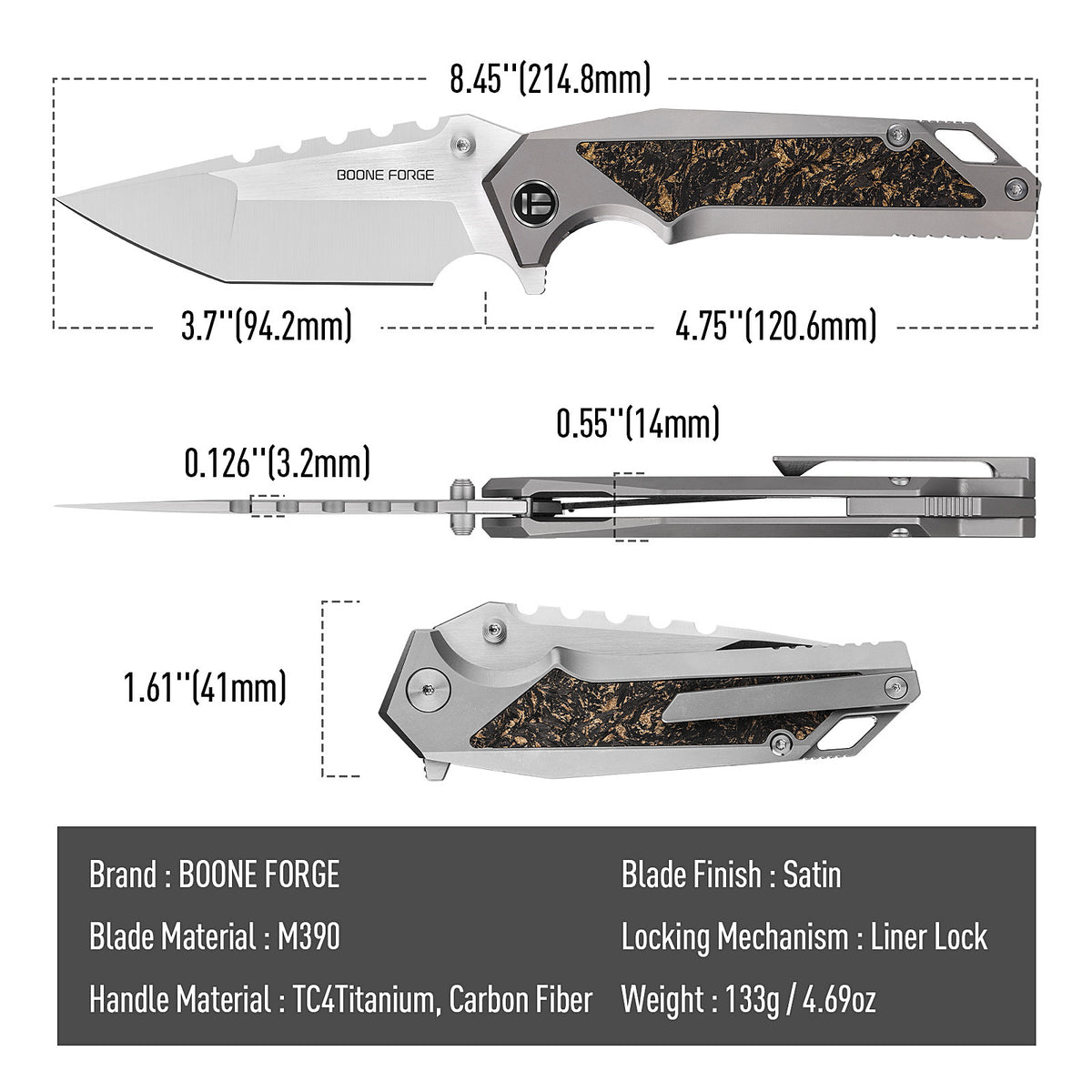 [PRE‑ORDER]BOONEFORGE Hellfire Premium EDC Fliper & Thumb Stud knife( 3.7'' Satin M390 Blade & Grey TC4 Titanium/Carbon Fiber Handle ) - BF055