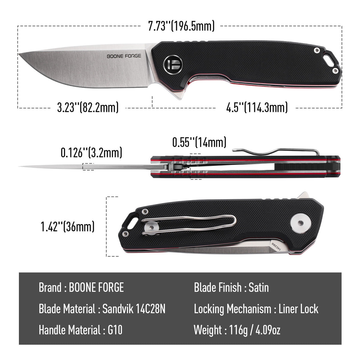 BOONEFORGE Steelwrath Premium EDC Flipper knife  ( 3.23'' Satin Sandvik 14C28N Blade & Black G10 Handle) - BF010