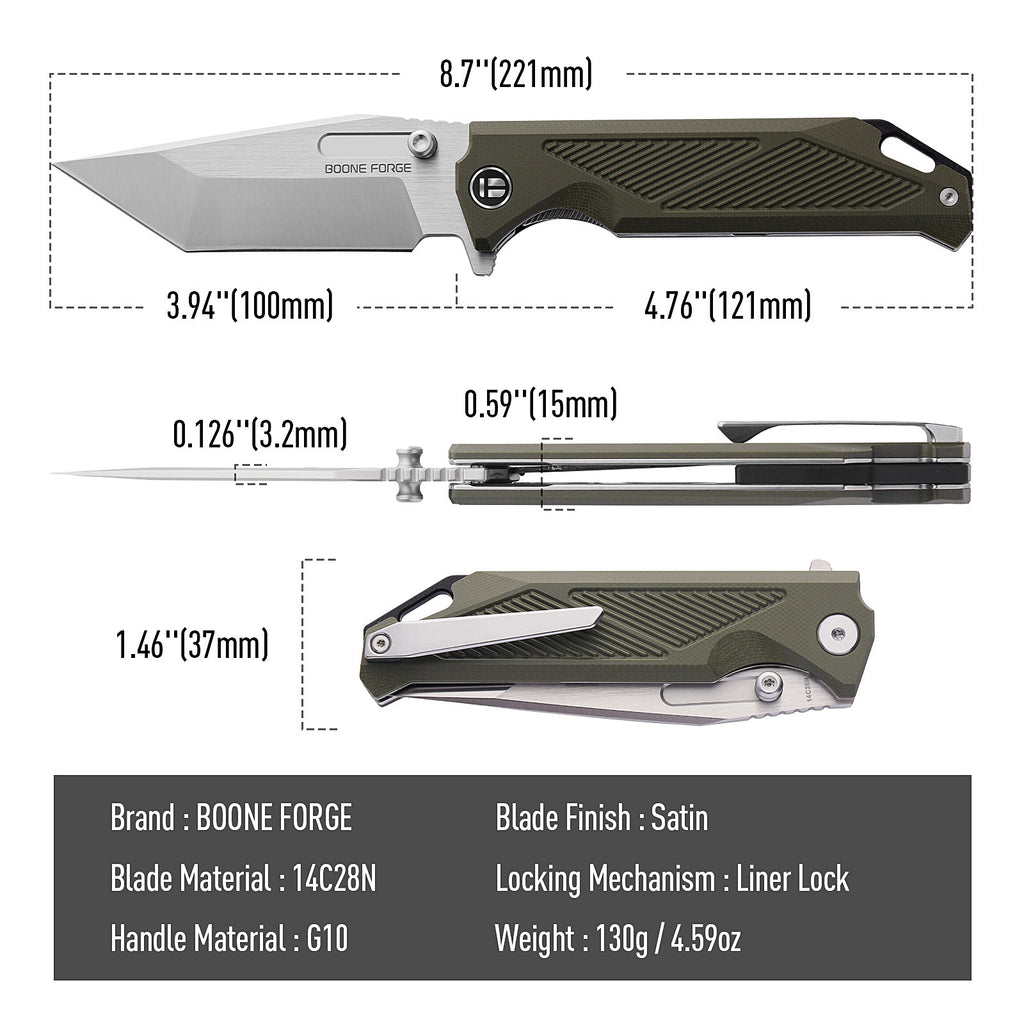 BOONEFORGE Blackshield Premium EDC Fliper & Thumb Stud knife ( 3.94'' Satin 14C28N Blade & Army green G10 Handle ) - BF014A