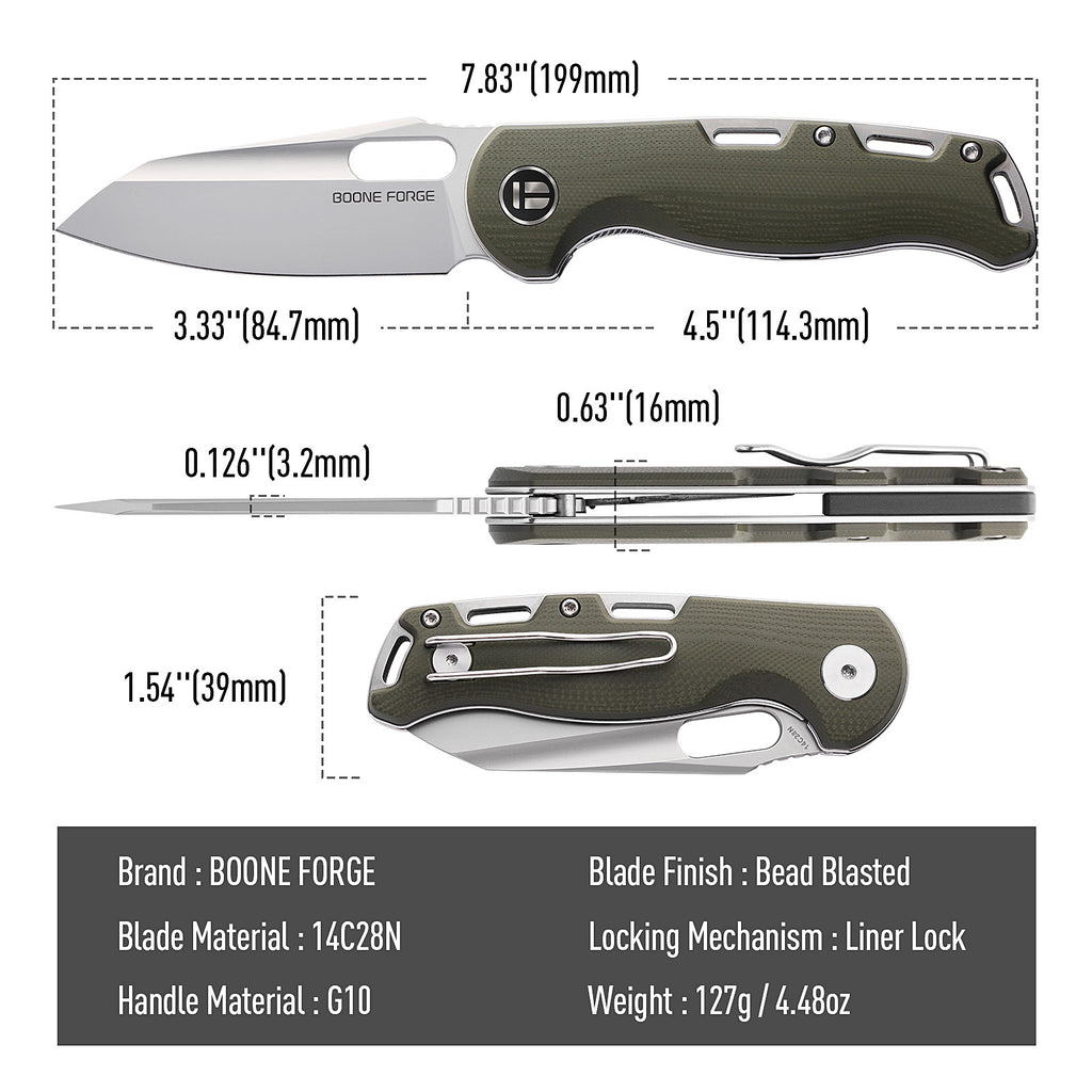 BOONEFORGE Warmark Premium EDC Manual thumb knife ( 3.33'' Bead Blasted 14C28N Blade & Army green G10 Handle) - BF009