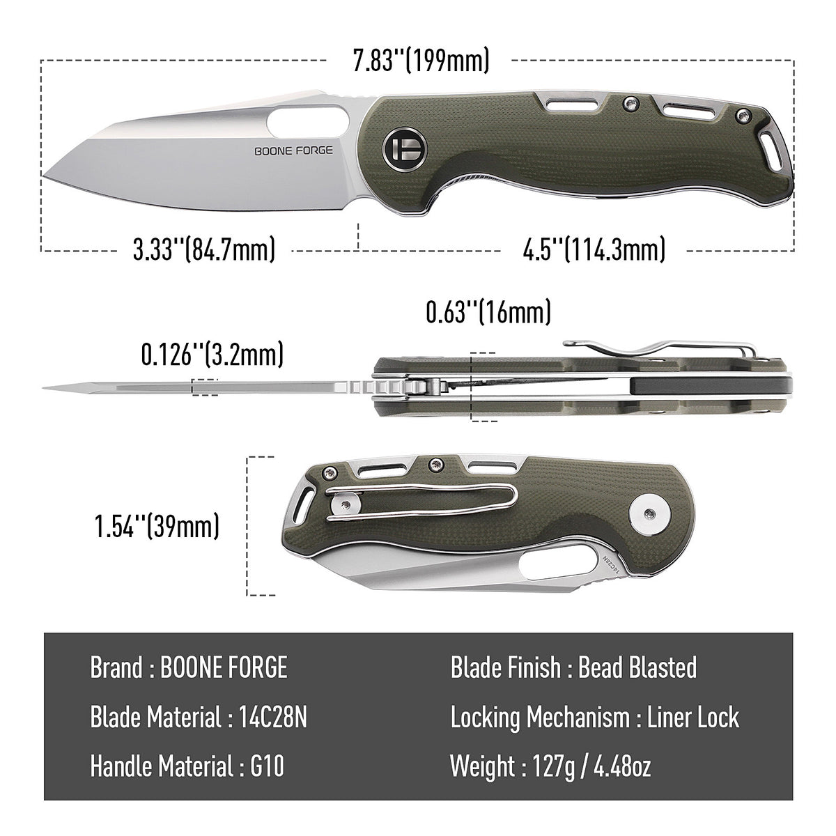BOONEFORGE Warmark Premium EDC Manual thumb knife ( 3.33'' Bead Blasted 14C28N Blade & Army green G10 Handle) - BF009