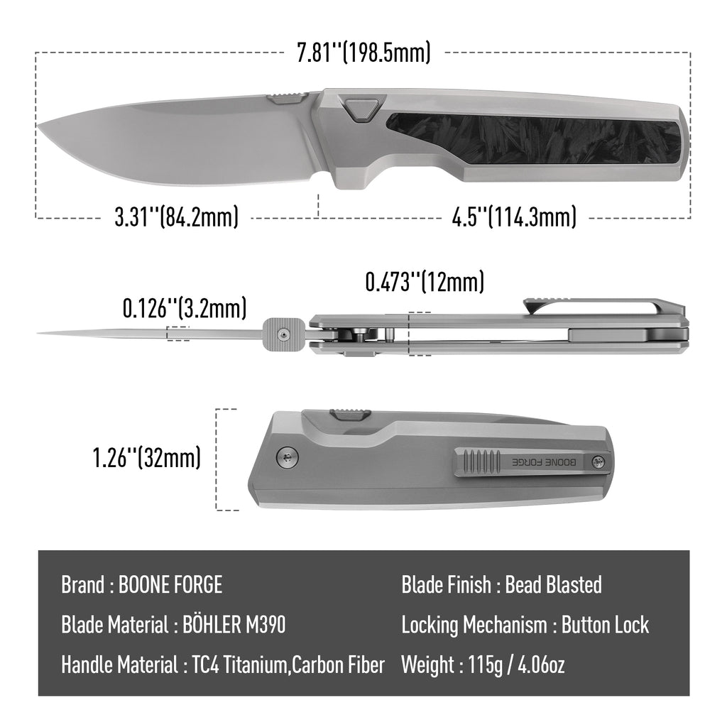 [PRE‑ORDER]BOONEFORGE Mountainfang Premium EDC Button lock & Thumb stud knife  ( 3.31" Bead Blasted BÖHLER M390 Blade & Grey TC4 Titanium/Carbon Fiber Handle) - BF004