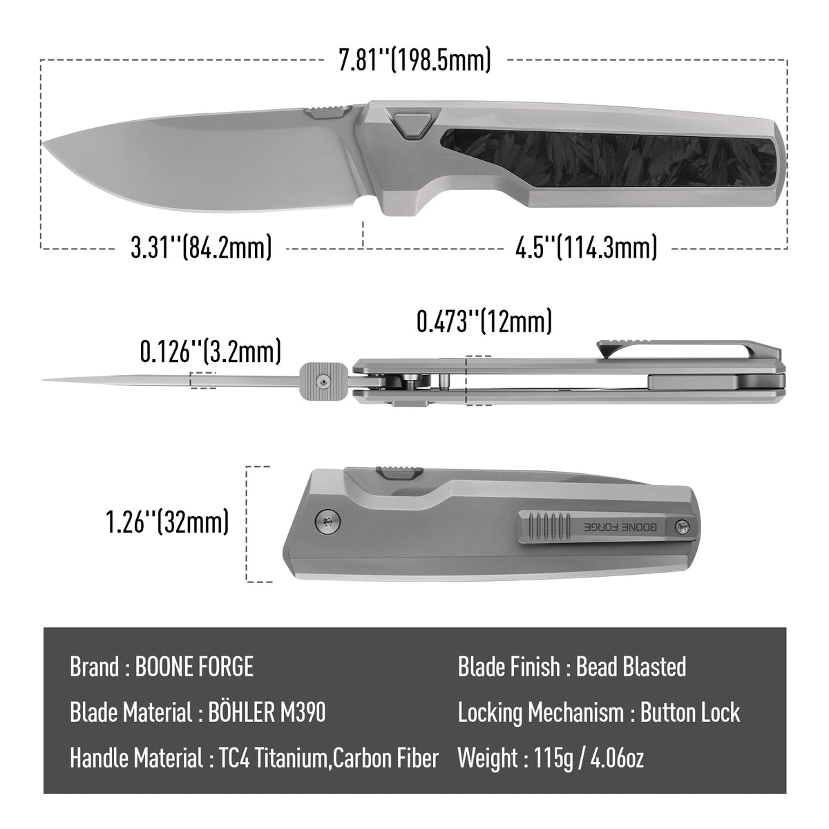 [PRE‑ORDER]BOONEFORGE Mountainfang Premium EDC Button lock & Thumb stud knife  ( 3.31" Bead Blasted BÖHLER M390 Blade & Grey TC4 Titanium/Carbon Fiber Handle) - BF004