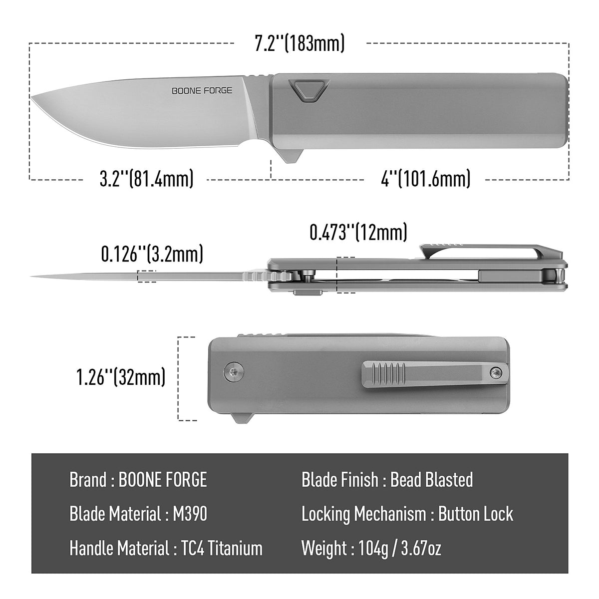 [PRE‑ORDER]BOONEFORGE Stalker Premium EDC Button lock & Flipper knife  ( 3.2" Bead Blasted M390  Blade & Grey TC4 Titanium Handle) - BF003