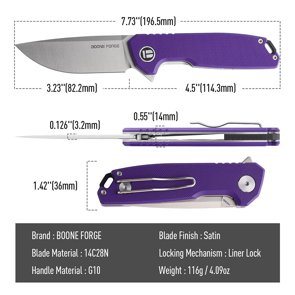BOONEFORGE Steelwrath Premium EDC Flipper knife ( 3.23'' Satin 14C28N Blade & Purple G10 Handle) - BF010
