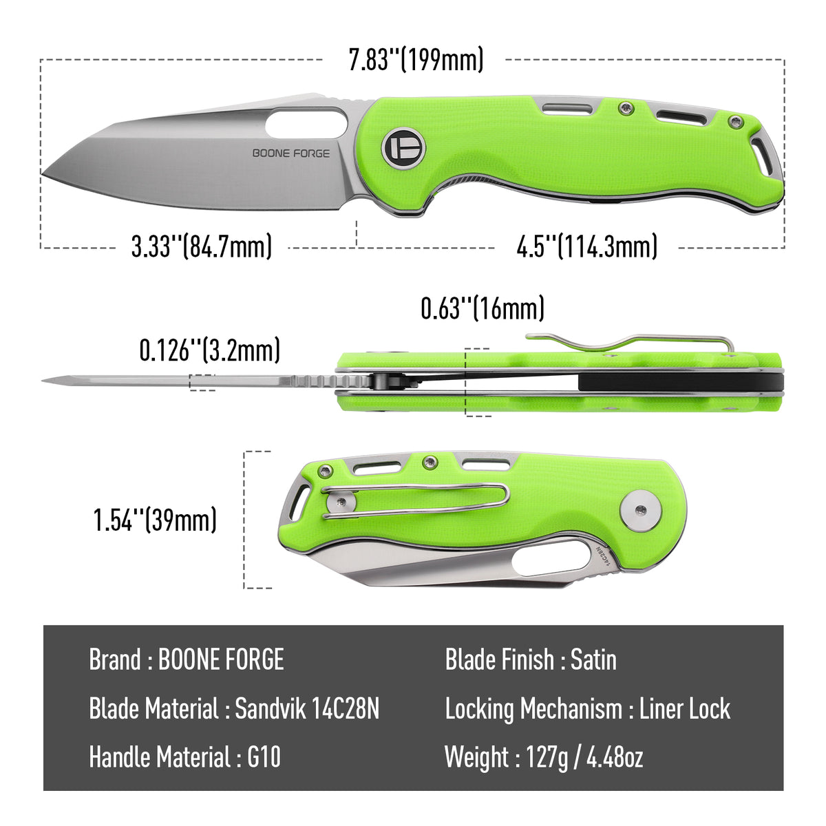 BOONEFORGE Warmark Premium EDC Manual thumb knife ( 3.33'' Satin Sandvik 14C28N Blade & Neon Green G10 Handle) - BF009