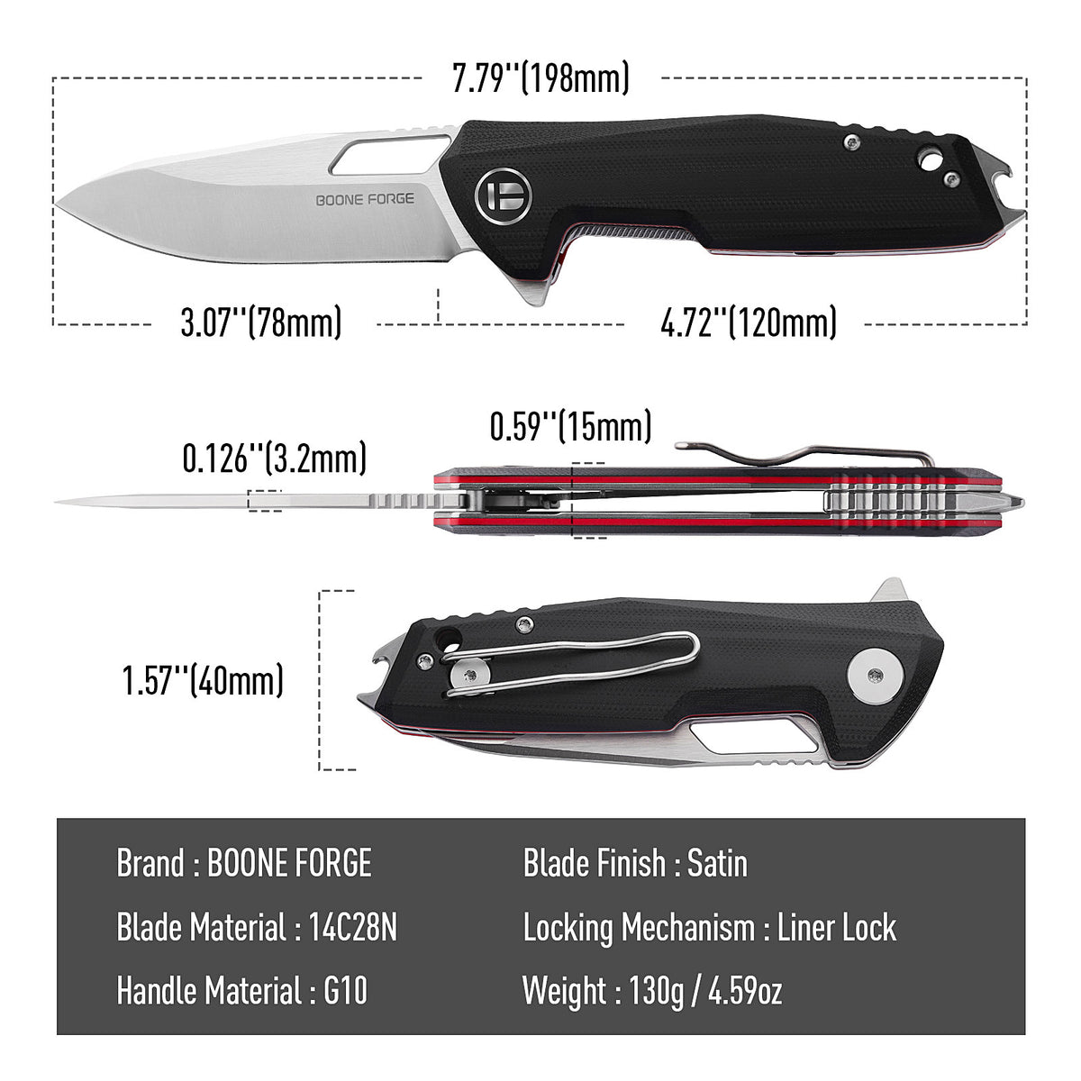 BOONEFORGE Berserker Premium EDC Flipper & Thumb hole knife( 3.07'' Satin 14C28N Blade & Black G10 Handle ) - BF072
