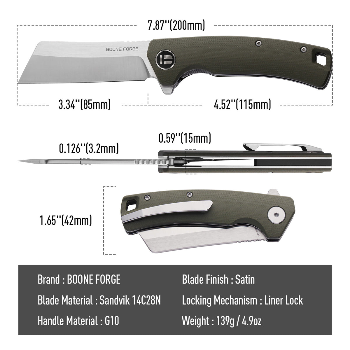 BOONEFORGE Breaker Premium EDC Flipper knife ( 3.34'' Satin Sandvik 14C28N Blade & Army green G10 Handle ) - BF903