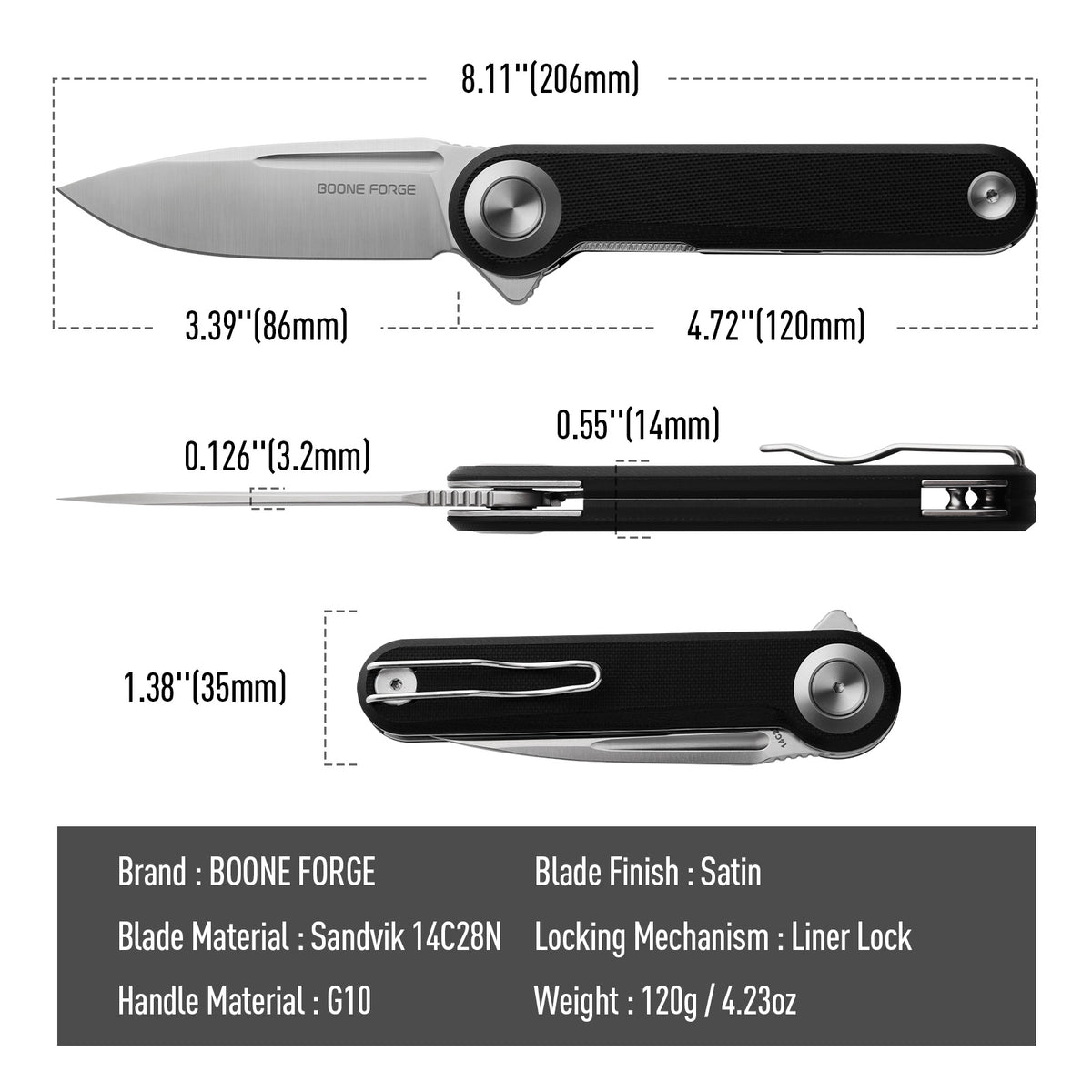 BOONEFORGE Ironjudge Premium EDC Flipper knife ( 3.39'' Satin Sandvik 14C28N Blade & Black G10 Handle ) - BF905