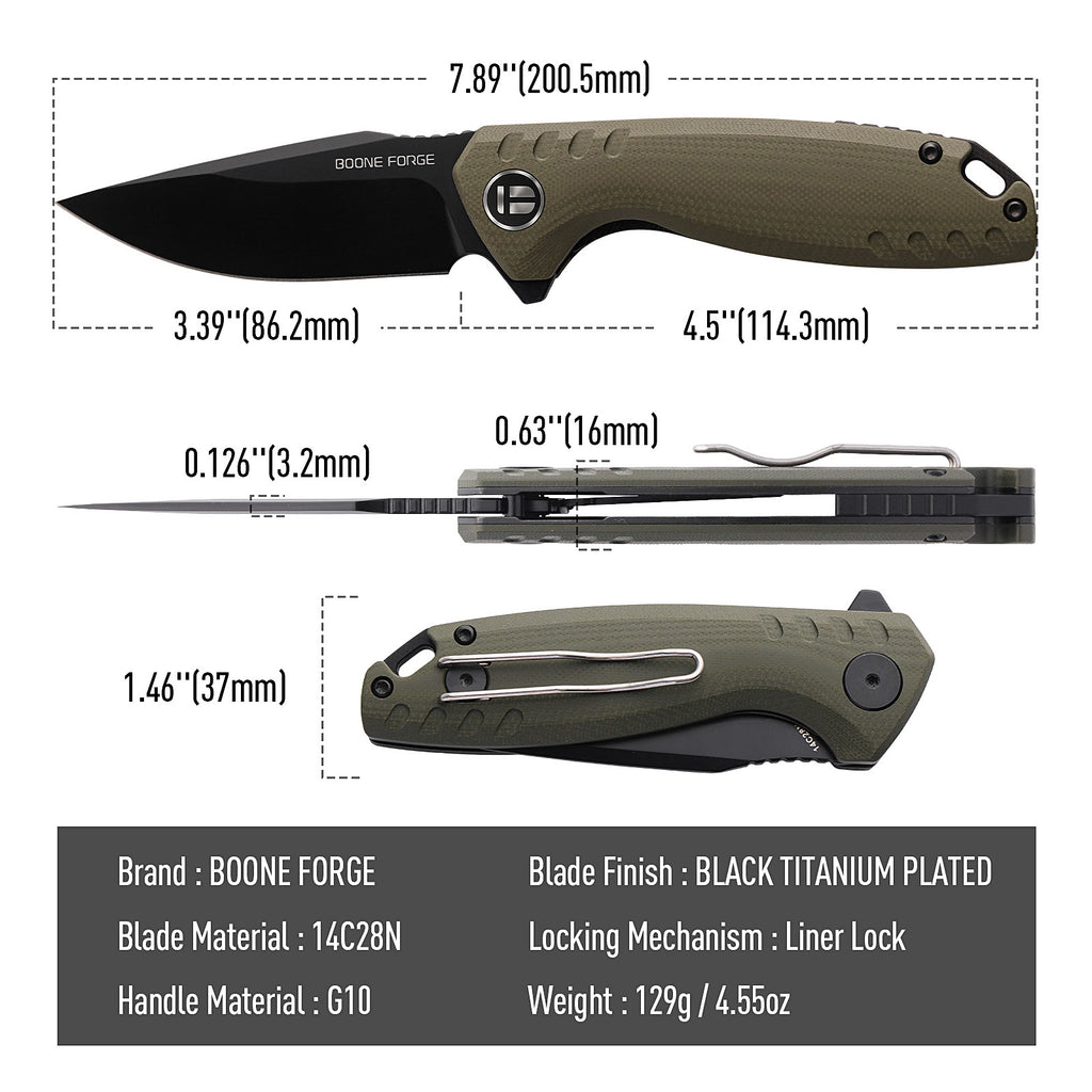 BOONEFORGE Nightvein Premium EDC Flipper knife (3.39'' Black Titanium Plated 14C28N Blade & Army green G10 Handle) - BF011