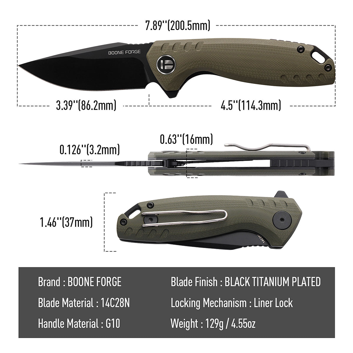 BOONEFORGE Nightvein Premium EDC Flipper knife (3.39'' Black Titanium Plated 14C28N Blade & Army green G10 Handle) - BF011