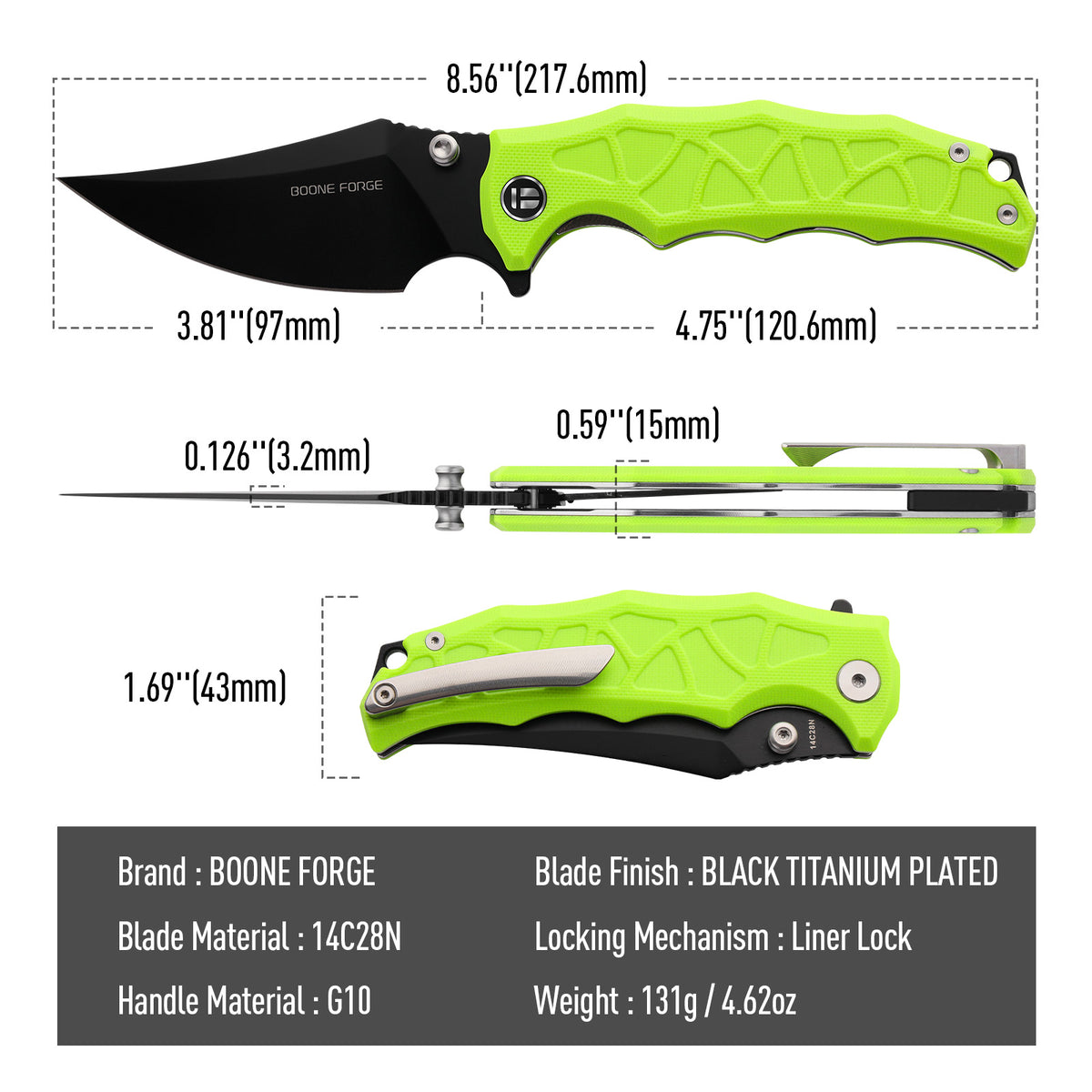 BOONEFORGE Ironstrider Premium EDC Fliper & Thumb Stud knife(3.81'' Black Titanium Plated 14C28N Blade & Fluorescent green G10 Handle ) - BF013A