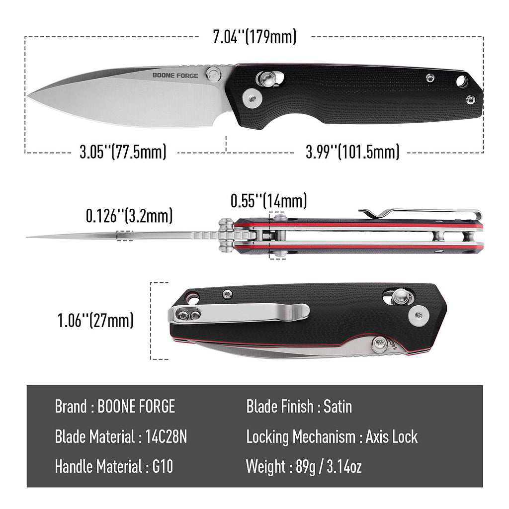 BOONEFORGE Darkedge Premium EDC Crossbar knife  ( 3.05'' Satin 14C28N Blade & Black G10 Handle ) - BF900