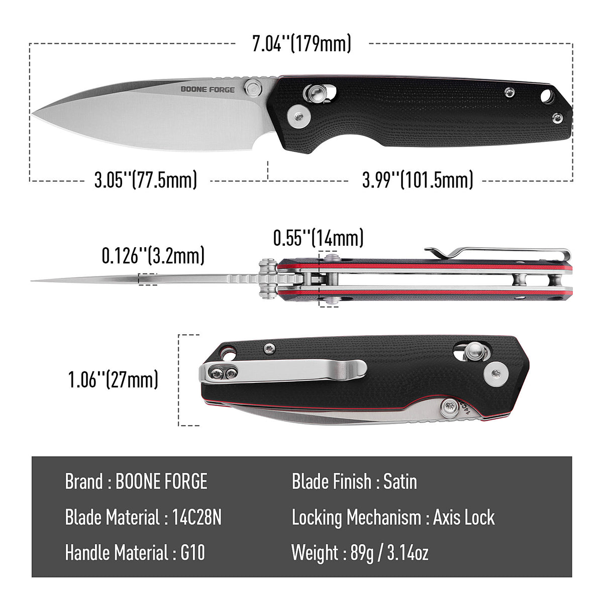 BOONEFORGE Darkedge Premium EDC Crossbar knife  ( 3.05'' Satin 14C28N Blade & Black G10 Handle ) - BF900