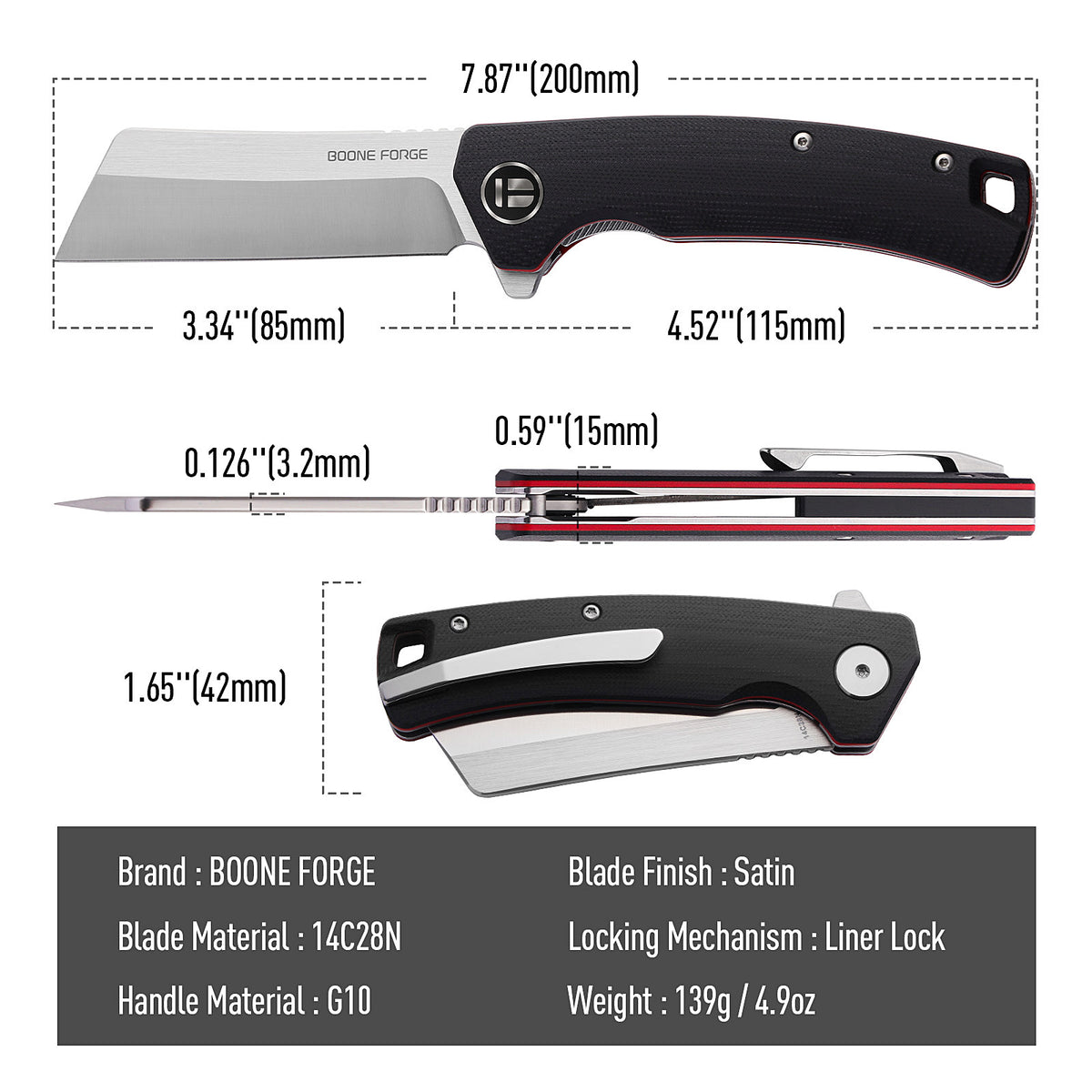 BOONEFORGE Breaker Premium EDC Flipper knife ( 3.34'' Satin 14C28N Blade & Black G10 Handle ) - BF903