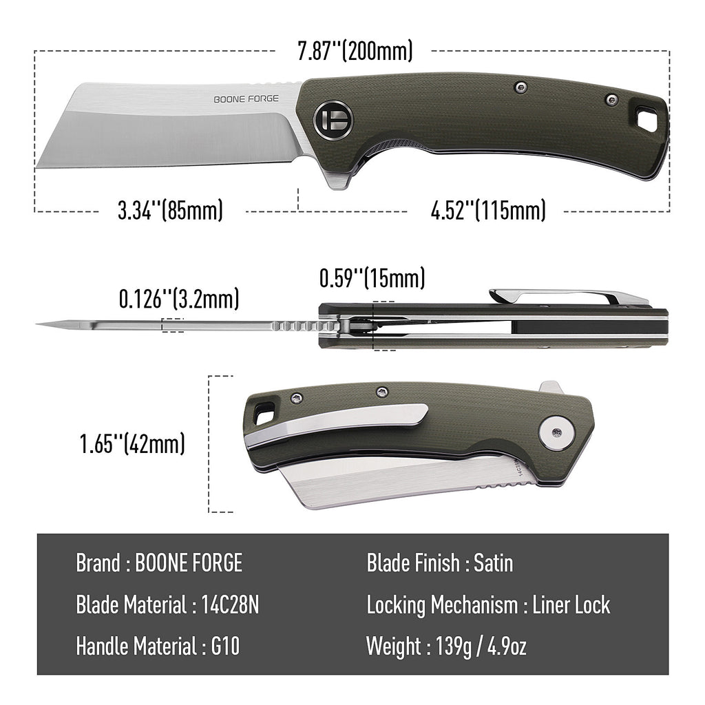 BOONEFORGE Breaker Premium EDC Flipper knife ( 3.34'' Satin 14C28N Blade & Army green G10 Handle ) - BF903