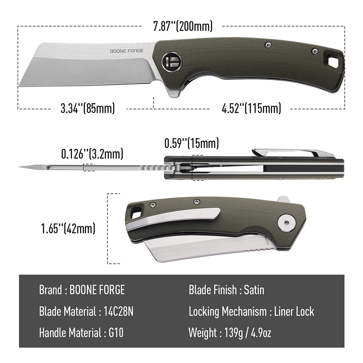 BOONEFORGE Breaker Premium EDC Flipper knife ( 3.34'' Satin 14C28N Blade & Army green G10 Handle ) - BF903