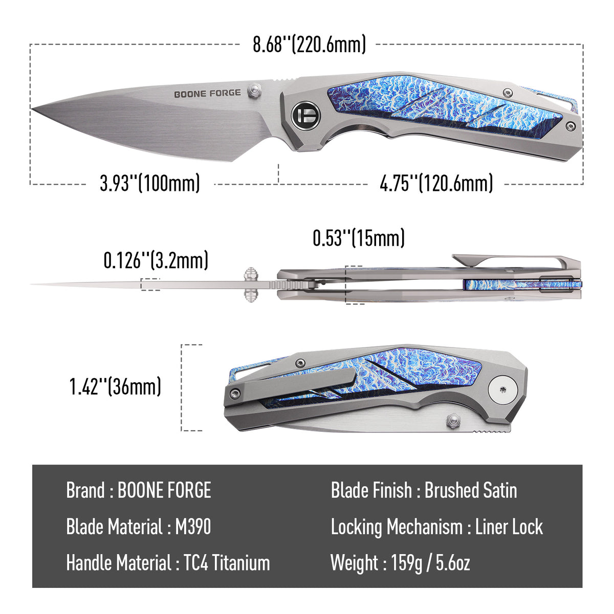 [PRE‑ORDER]BOONEFORGE Wraith Premium EDC Thumb stud knife( 3.93'' Brushed Satin M390 Blade & Grey TC4 Titanium Handle ) - BF062