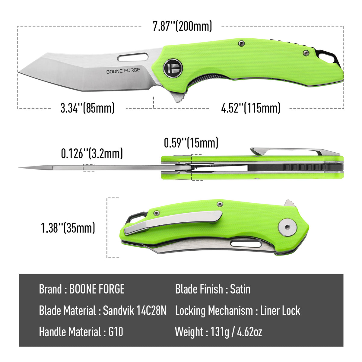 BOONEFORGE Sentinel Premium EDC Flipper & Thumb hole knife ( 3.34'' Satin Sandvik 14C28N Blade & Neon Green G10 Handle ) - BF904