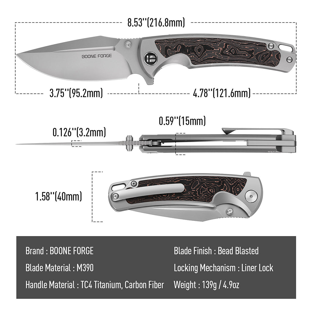 [PRE‑ORDER]BOONEFORGE Thunderstrike Premium EDC Fliper & Thumb Stud knife( 3.75'' Bead Blasted M390 Blade & Grey TC4 Titanium Handle ) - BF052