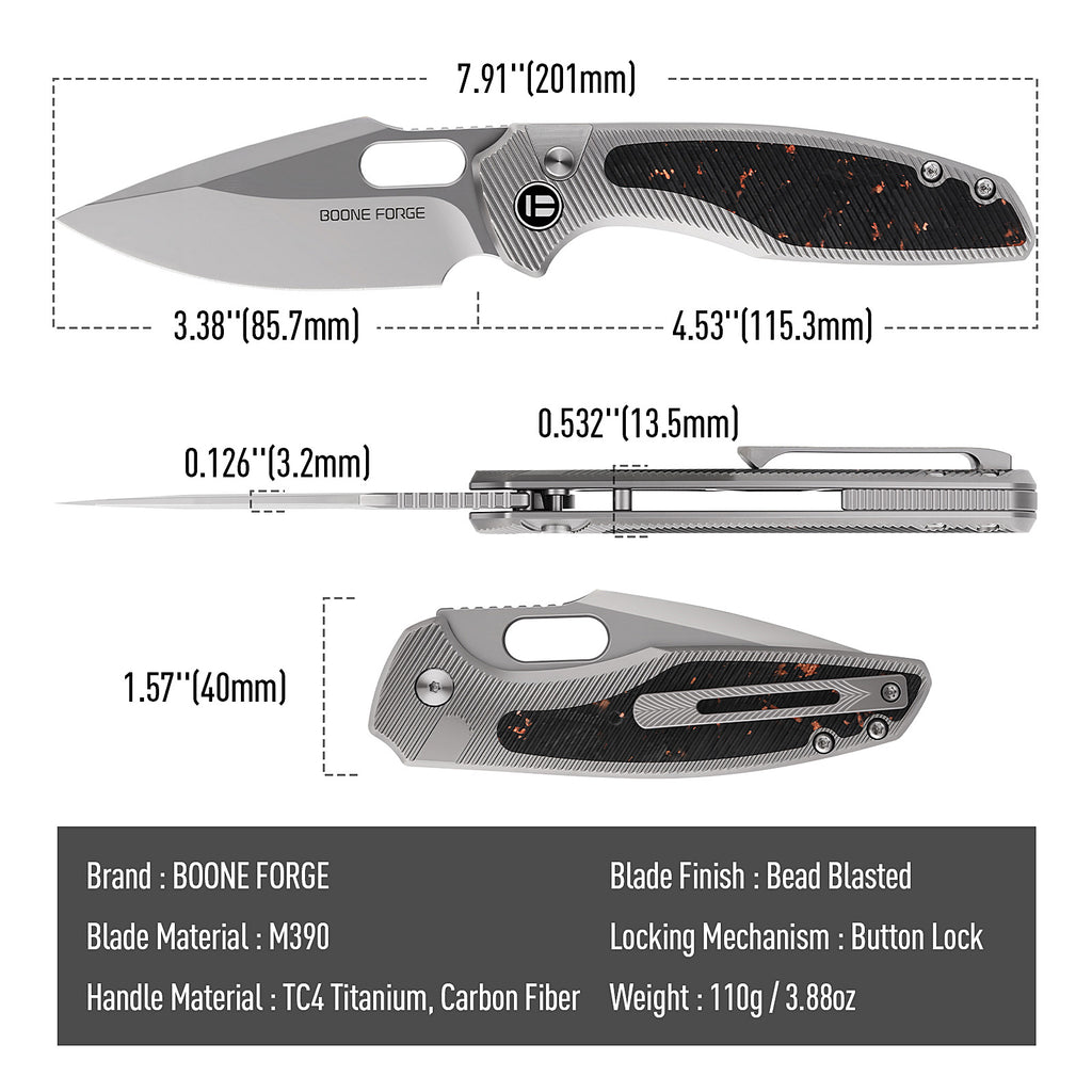 [PRE‑ORDER]BOONEFORGE Huntscar Premium EDC Button lock & Thumb hole knife ( 3.38'' Bead Blasted M390  Blade & Grey TC4 Titanium/Carbon Fiber Handle) - BF008