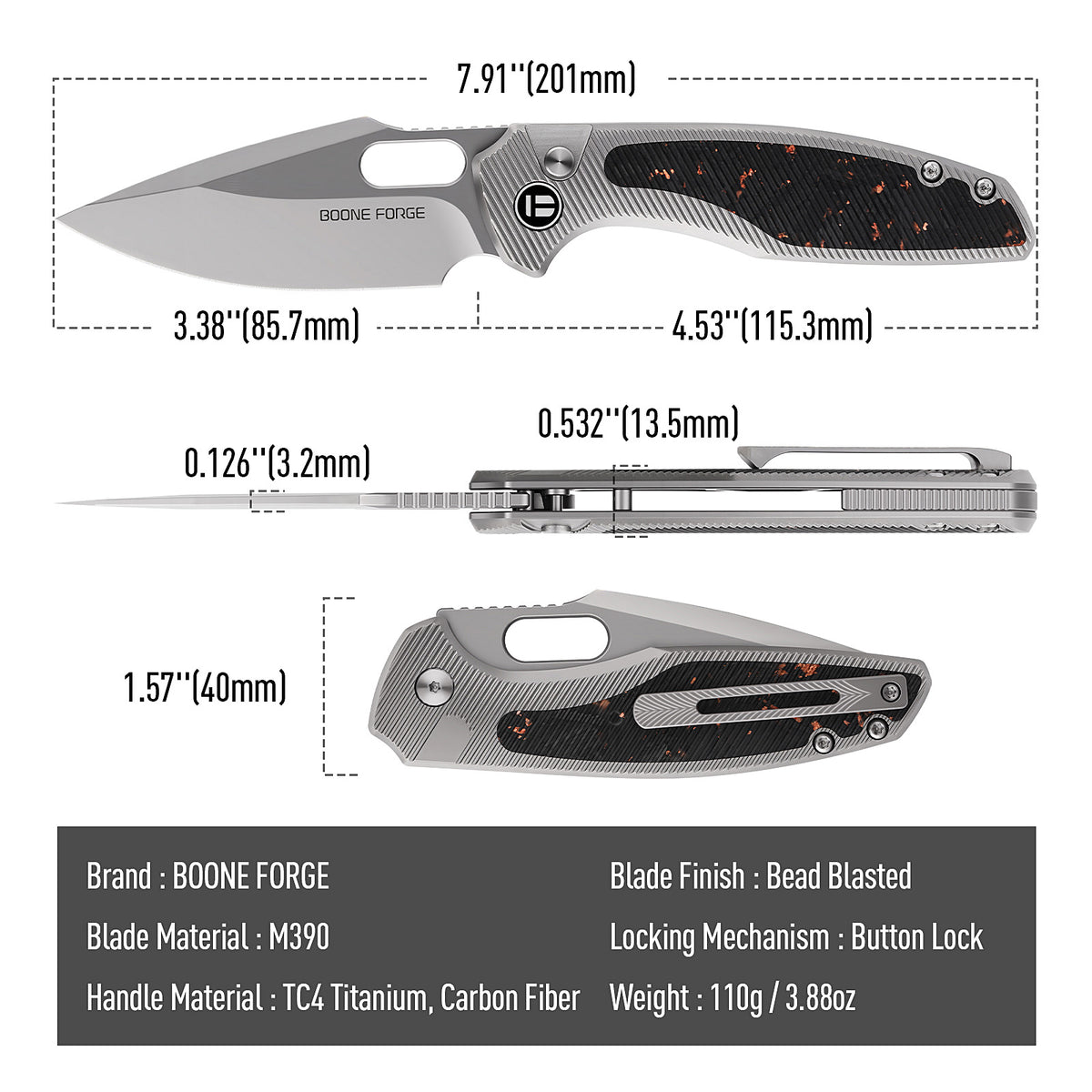 [PRE‑ORDER]BOONEFORGE Huntscar Premium EDC Button lock & Thumb hole knife ( 3.38'' Bead Blasted M390  Blade & Grey TC4 Titanium/Carbon Fiber Handle) - BF008