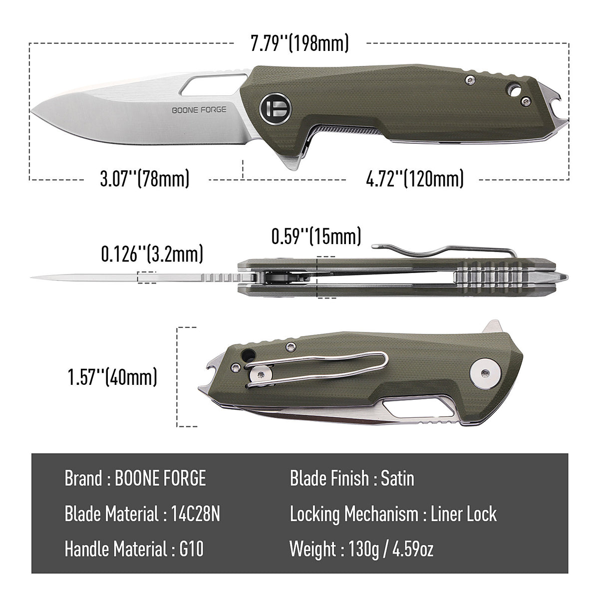 BOONEFORGE Berserker Premium EDC Flipper & Thumb hole knife( 3.07'' Satin 14C28N Blade & Army green G10 Handle ) - BF072