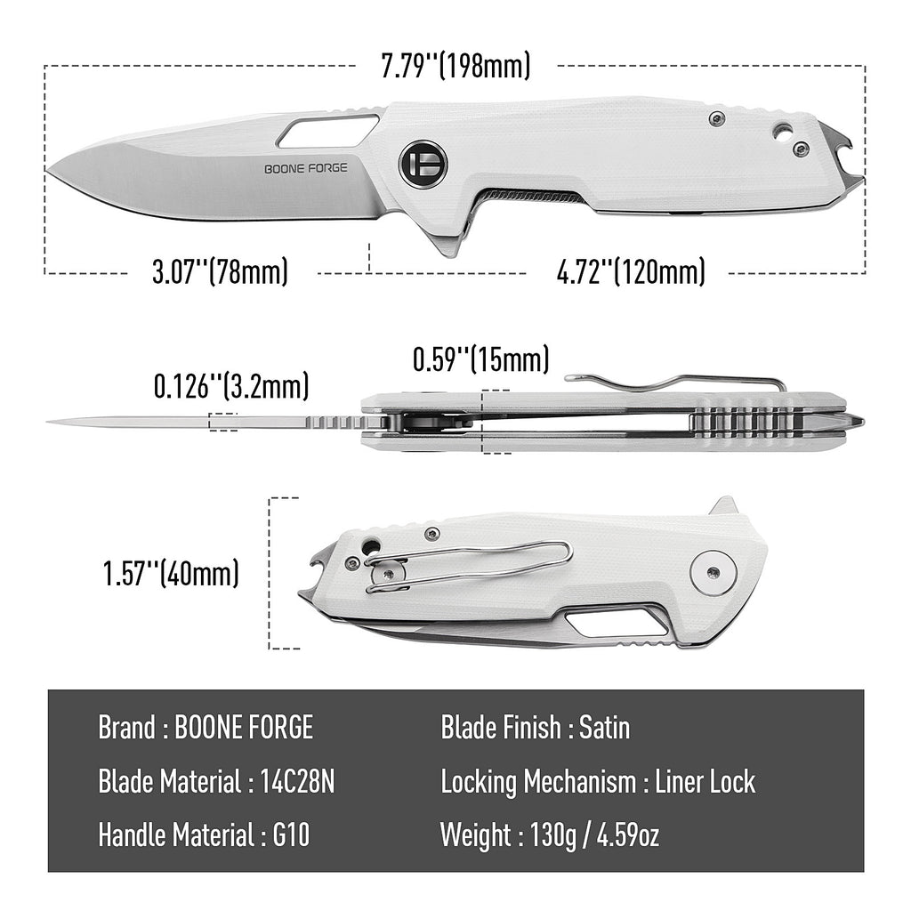 BOONEFORGE Berserker Premium EDC Flipper & Thumb hole knife( 3.07'' Satin 14C28N Blade & White G10 Handle ) - BF072