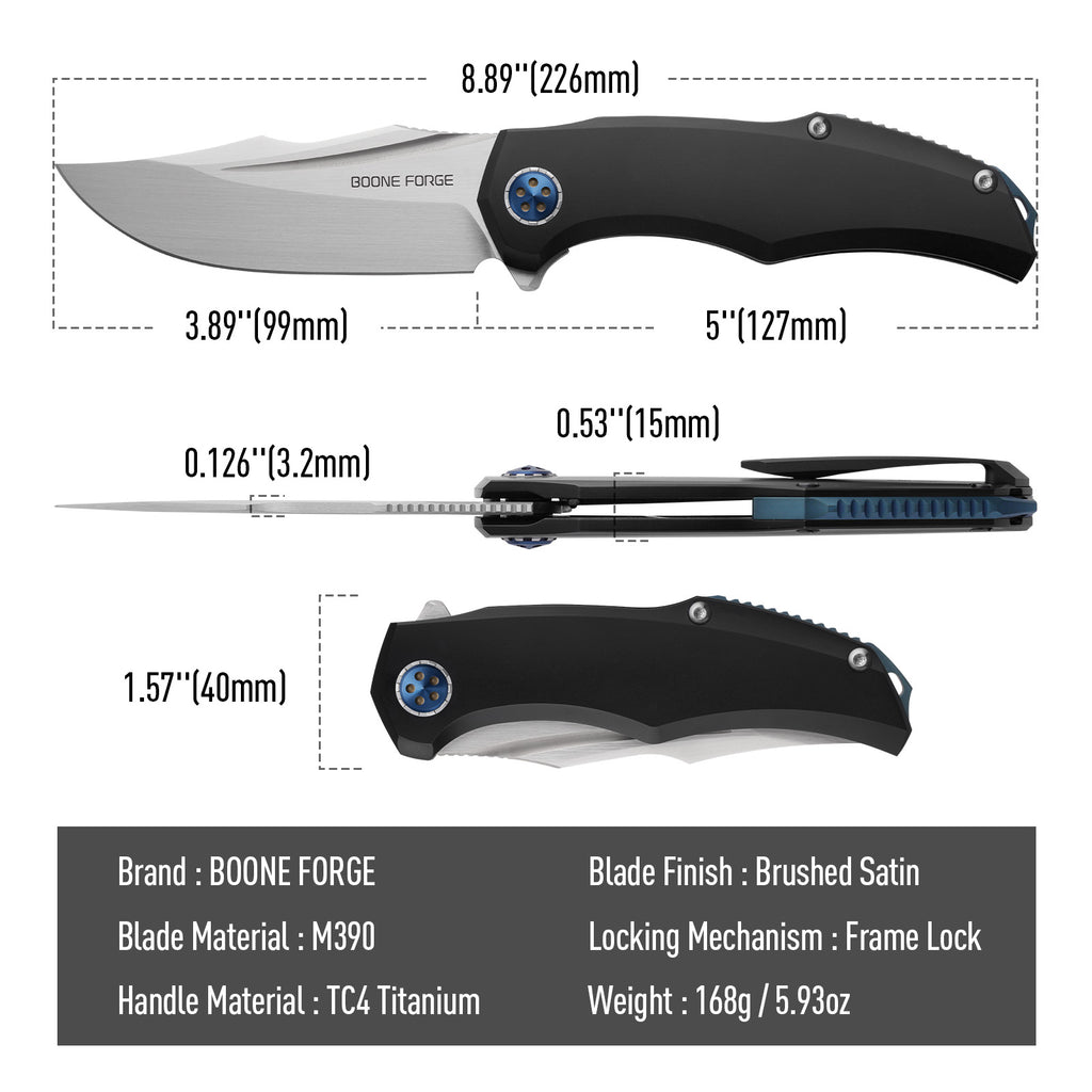 BOONEFORGE Doomsday Premium EDC Flipper knife  ( 3.89'' Brushed Satin M390 Blade & Black TC4 Titanium Handle ) - BF069