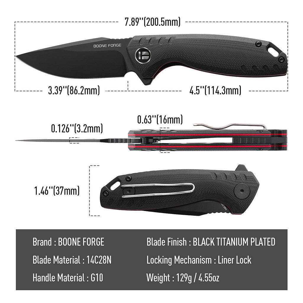 BOONEFORGE Nightvein Premium EDC Flipper knife (3.39'' Black Titanium Plated 14C28N Blade & Black G10 Handle) - BF011
