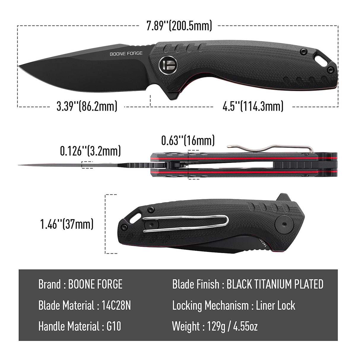 BOONEFORGE Nightvein Premium EDC Flipper knife (3.39'' Black Titanium Plated 14C28N Blade & Black G10 Handle) - BF011