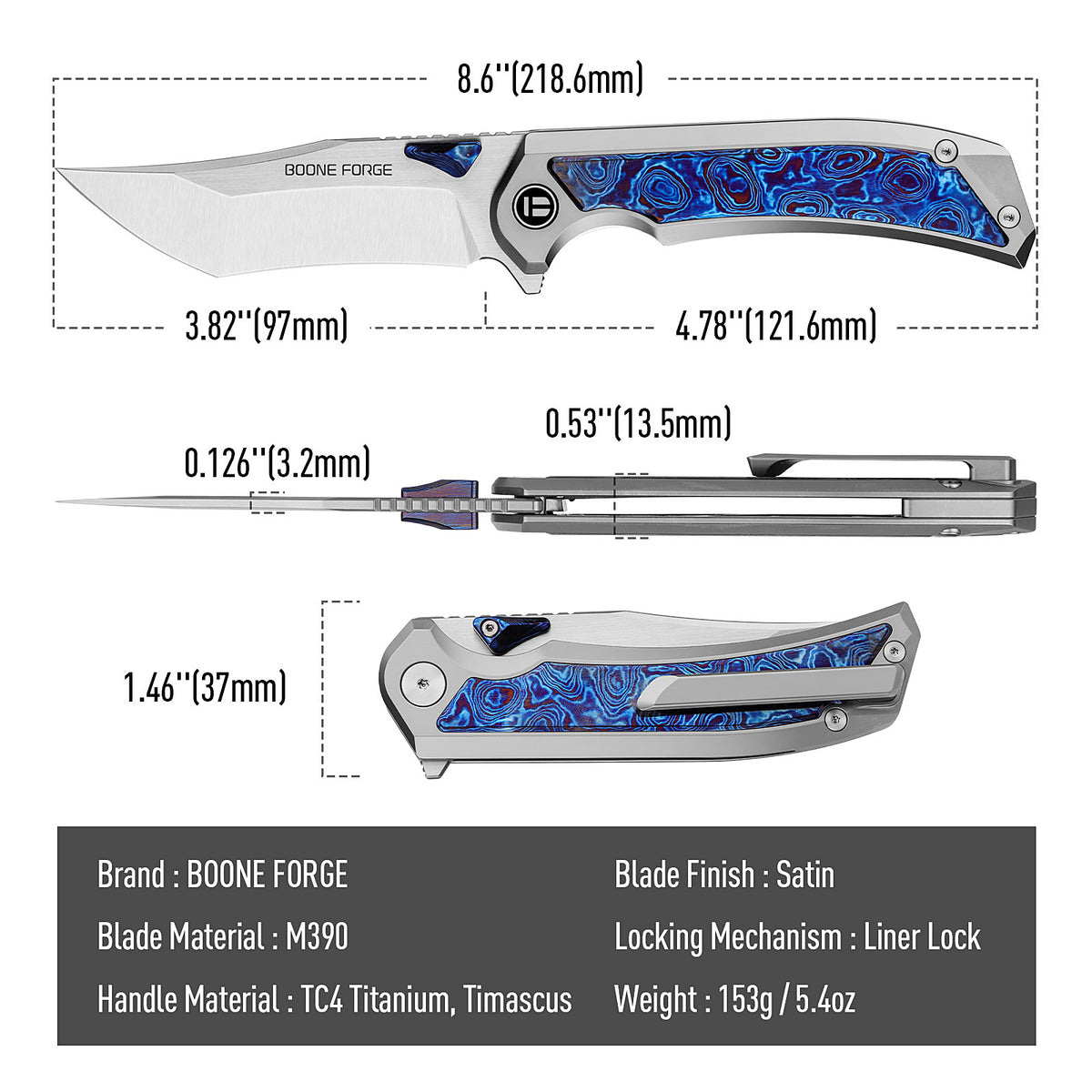 [PRE‑ORDER]BOONEFORGE Odin’s Eye Premium EDC Fliper & Thumb Stud knife ( 3.82'' Satin M390 Blade & Grey TC4 Titanium/Timascus Handle ) - BF053