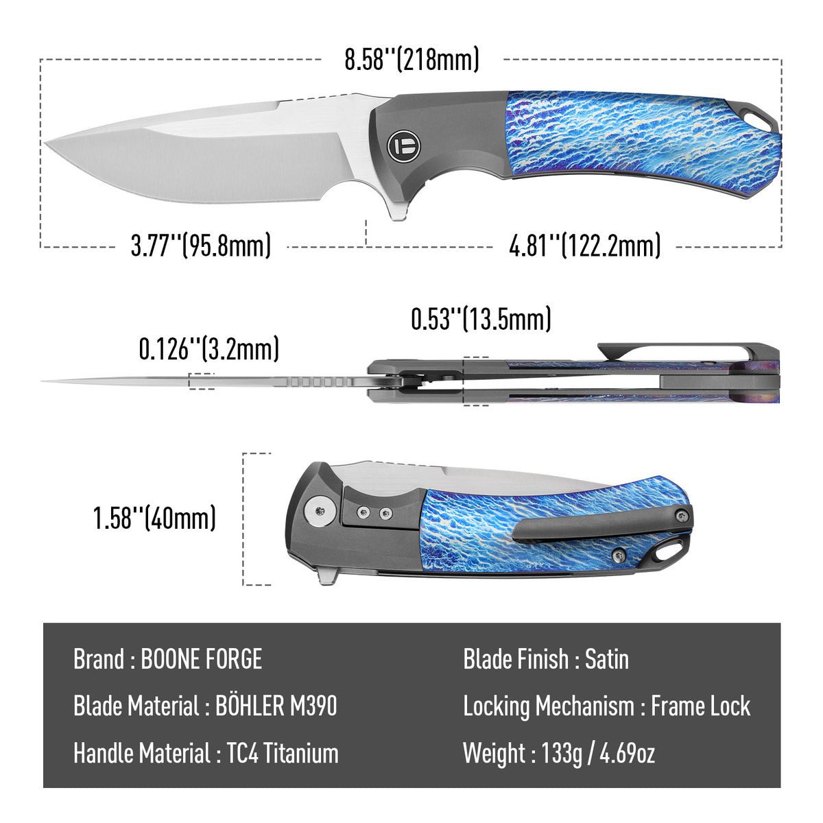 BOONEFORGE Valkyrie Premium EDC Fliper & Thumb Stud knife ( 3.77'' Satin BÖHLER M390 Blade & Grey TC4 Titanium Handle ) - BF054