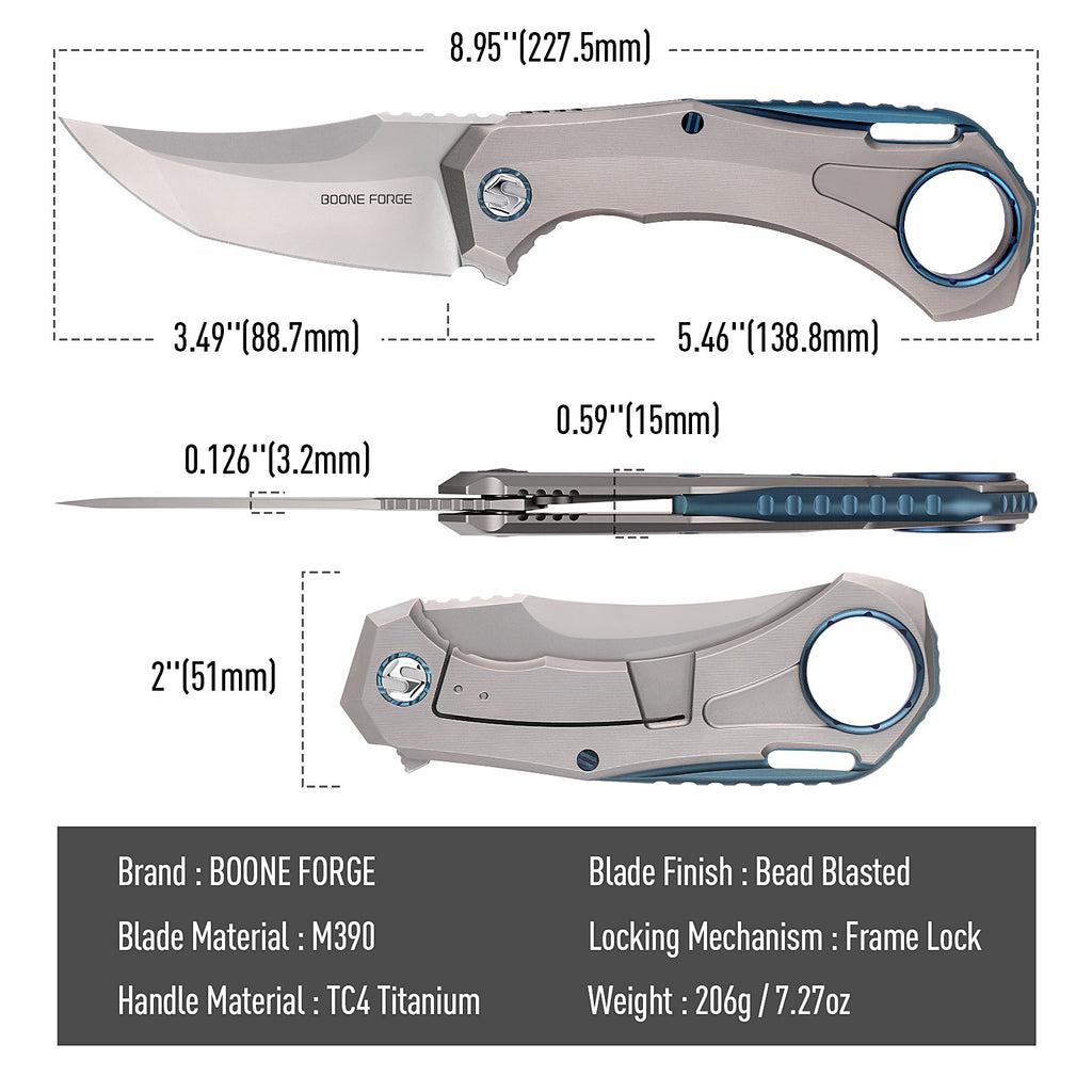 BOONEFORGE Stormwrath Premium EDC Flipper knife ( 3.49'' Bead Blasted M390 Blade & Grey TC4 Titanium Handle ) - BF071