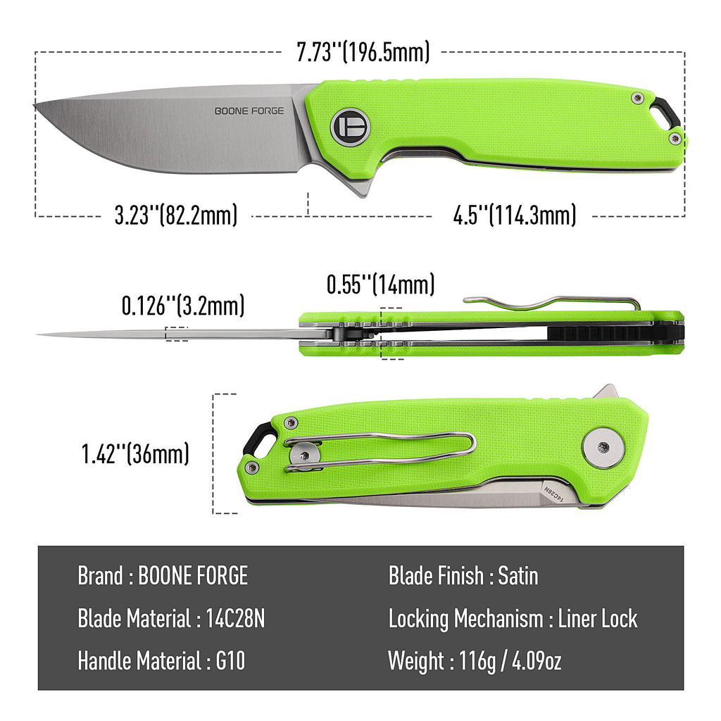 BOONEFORGE Steelwrath Premium EDC Flipper knife ( 3.23'' Satin 14C28N Blade & Fluorescent green G10 Handle) - BF010
